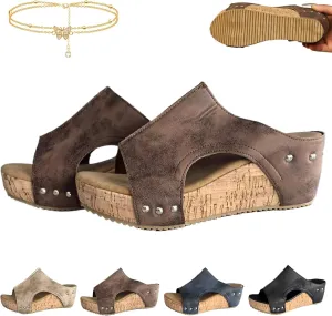 Cork Wedges & Platform Slides, Women's Thick Sole Comfort Leather Non-Slip Wedge Heel Slip-On Sandals