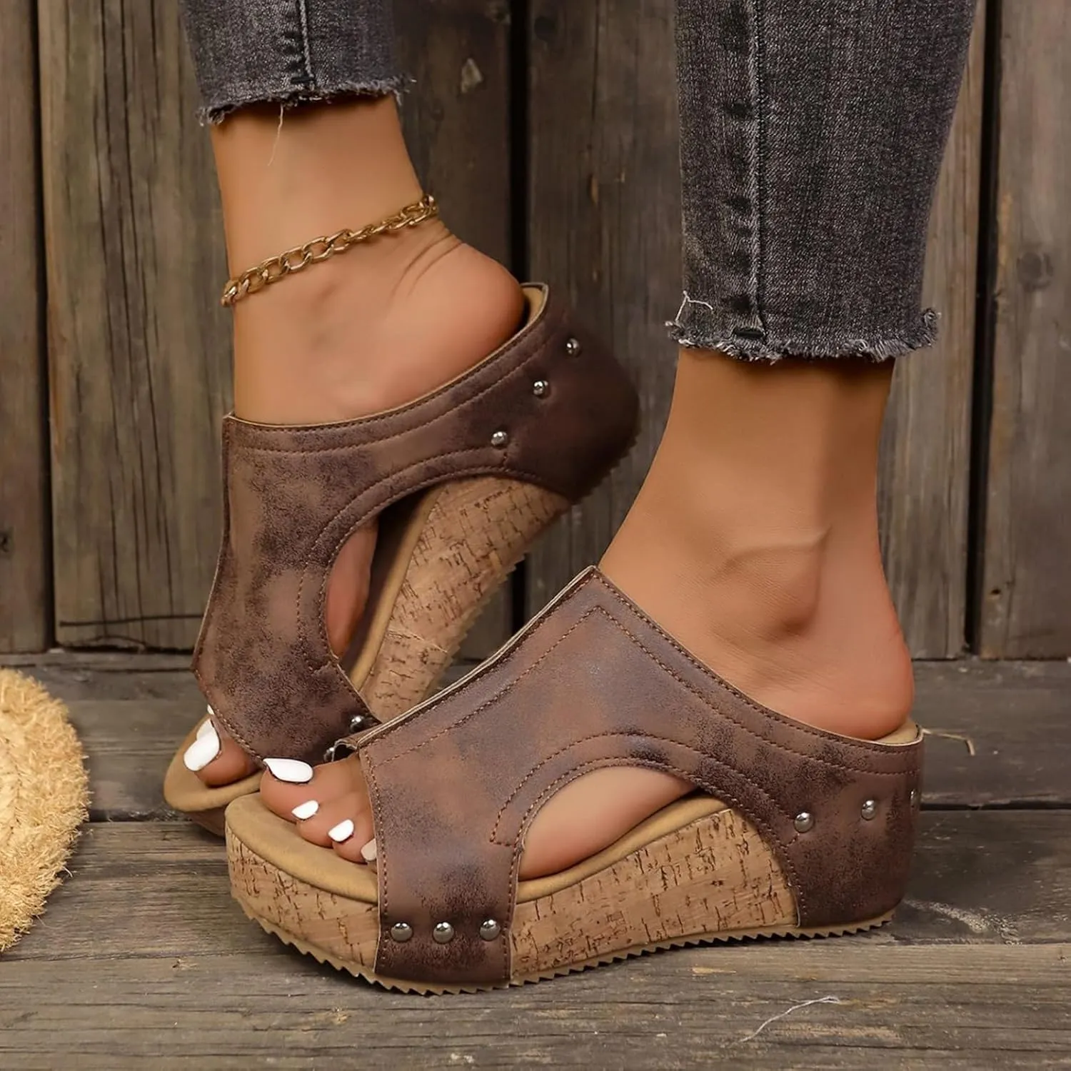 Cork Wedges & Platform Slides, Women's Thick Sole Comfort Leather Non-Slip Wedge Heel Slip-On Sandals
