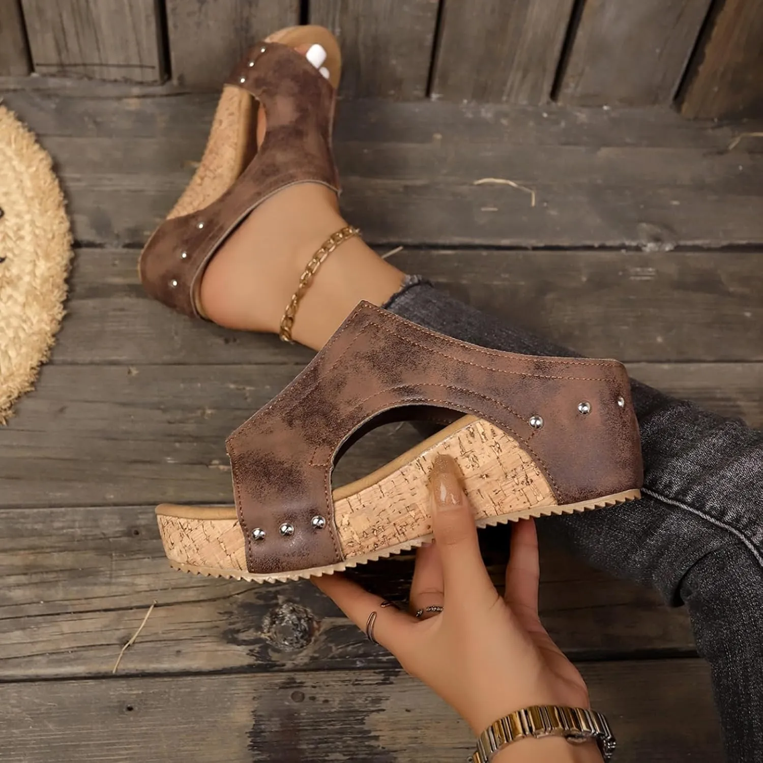 Cork Wedges & Platform Slides, Women's Thick Sole Comfort Leather Non-Slip Wedge Heel Slip-On Sandals