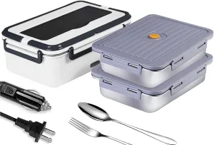 Electric Lunch Box, heated lunchbox for adults men 12V/24V/110V portable Food Warmer 80W self heating lunch boxes for Car Truck Work, heatable lunchbox with 2 Stainless Steel Containers 60-oz