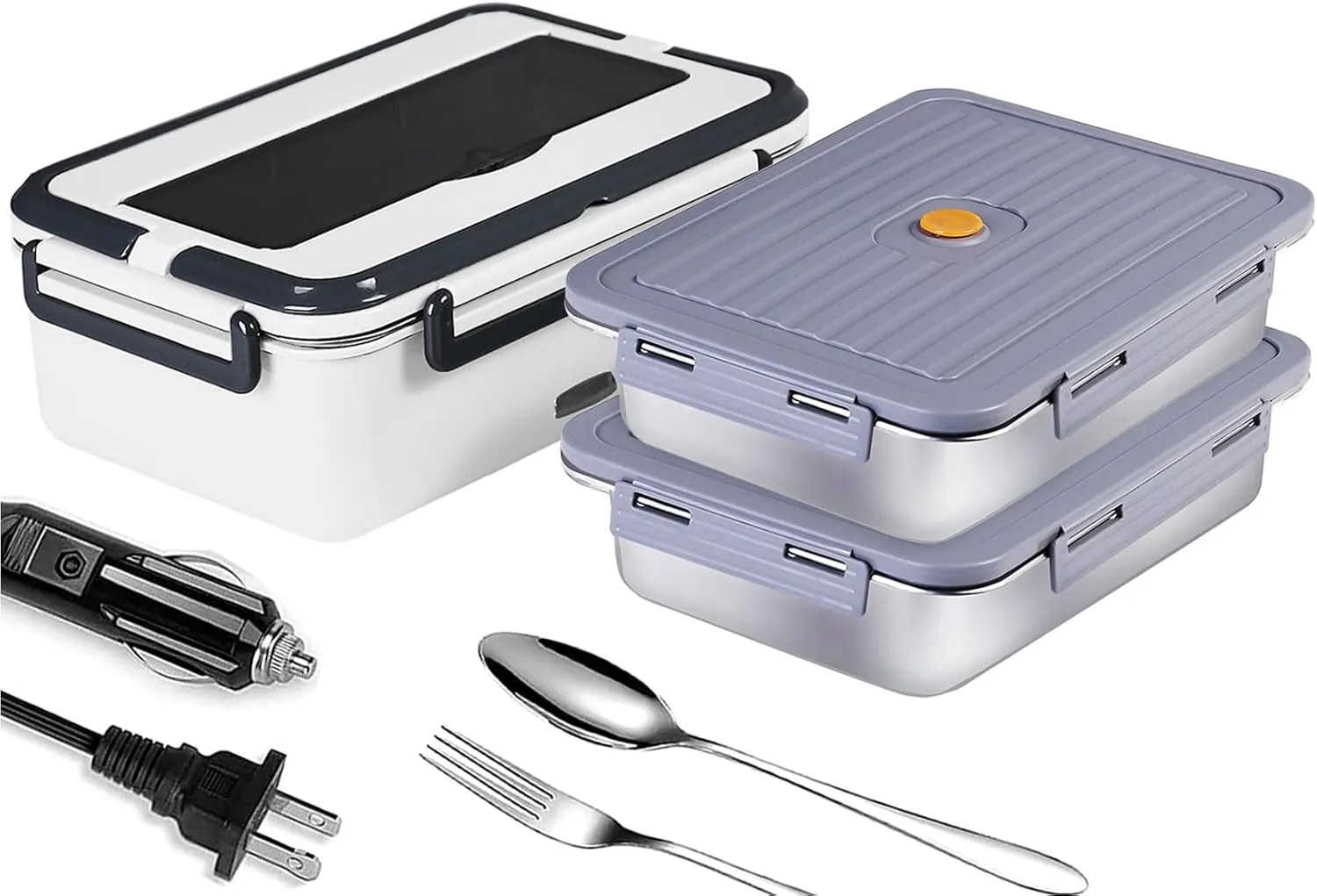 Electric Lunch Box, heated lunchbox for adults men 12V/24V/110V portable Food Warmer 80W self heating lunch boxes for Car Truck Work, heatable lunchbox with 2 Stainless Steel Containers 60-oz