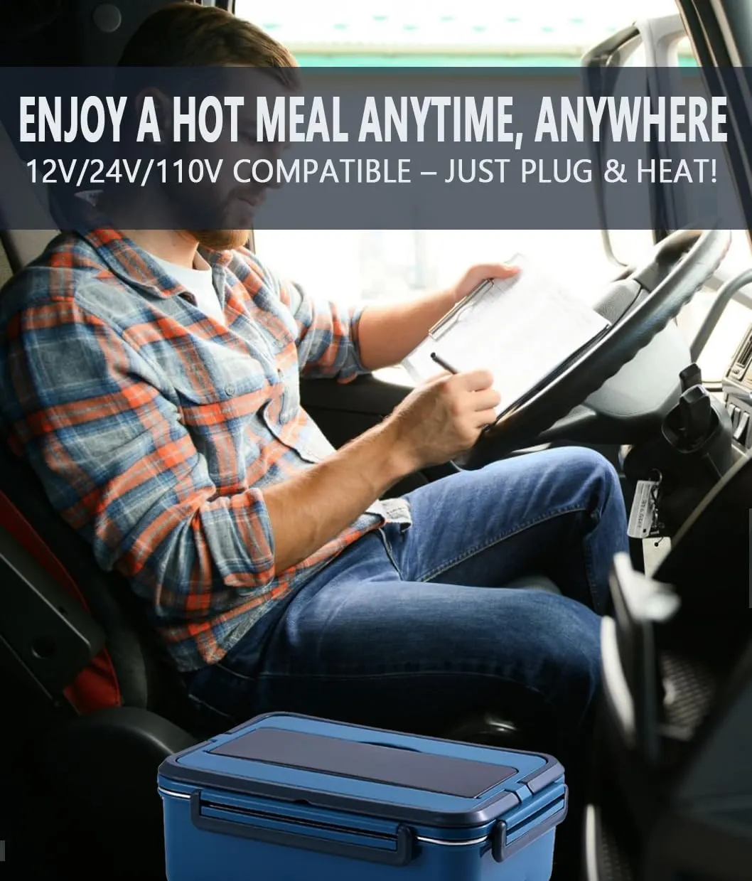 Electric Lunch Box, heated lunchbox for adults men 12V/24V/110V portable Food Warmer 80W self heating lunch boxes for Car Truck Work, heatable lunchbox with 2 Stainless Steel Containers 60-oz
