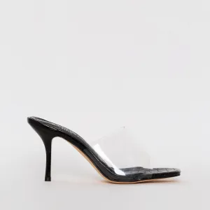 Elise Black Croc Print Clear Mid Heel Mules