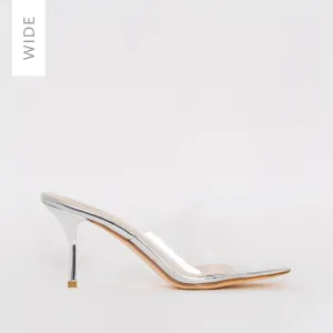 Elise Wide Fit Silver Clear Mid Heel Mules