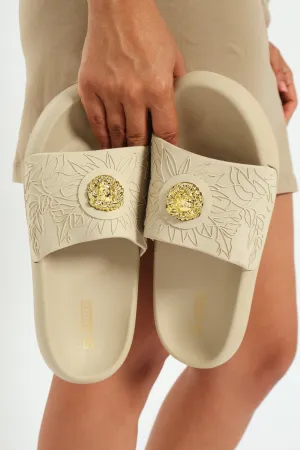 Eva Embossed Slide Sandal With Trim - Taupe