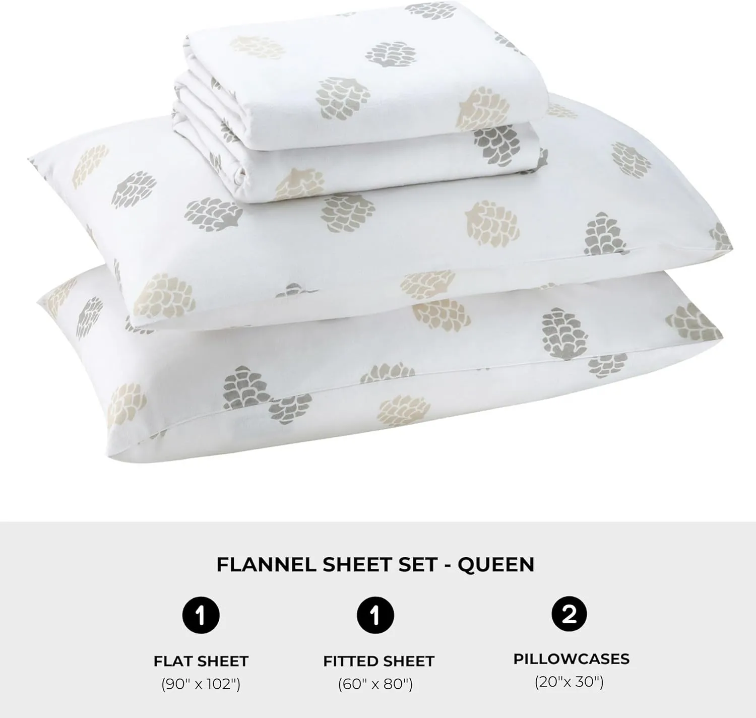 Featherhead™ 100% Cotton 4PCs Flannel Sheet Set, Queen Size, Pinecones | Double-Brushed for Extra Softness, Warm & Breathable, Extra Deep Pockets fits Up to 17” – 1 Flat, 1 Fitted, 2 Pillowcase