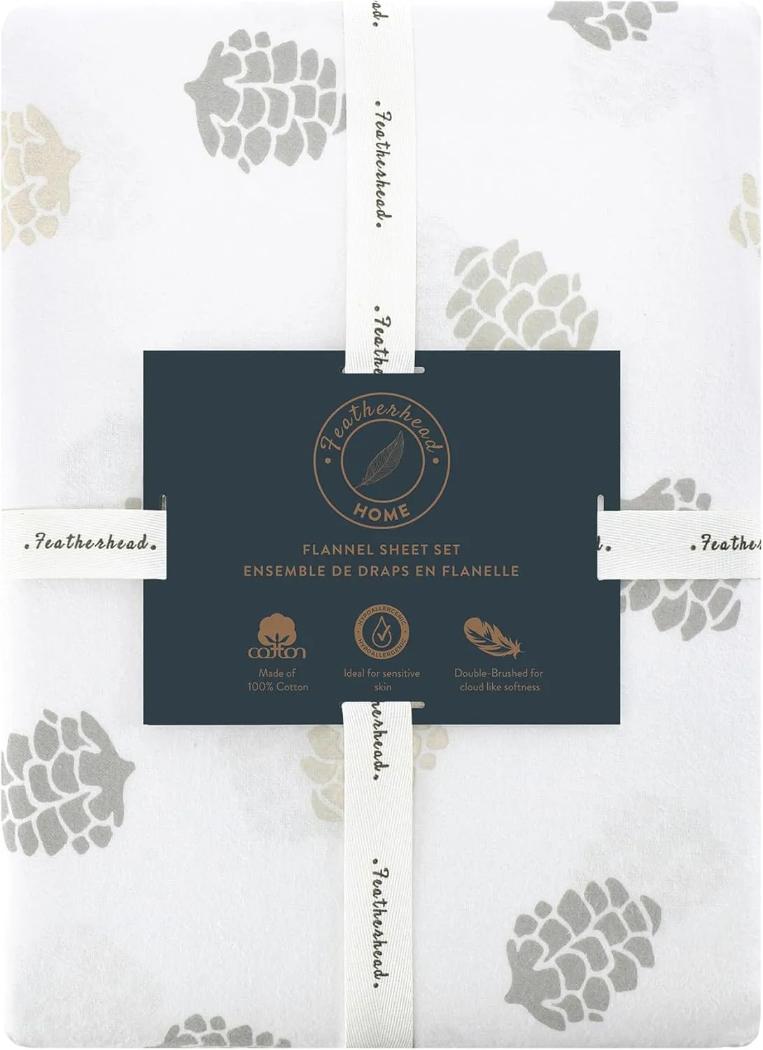 Featherhead™ 100% Cotton 4PCs Flannel Sheet Set, Queen Size, Pinecones | Double-Brushed for Extra Softness, Warm & Breathable, Extra Deep Pockets fits Up to 17” – 1 Flat, 1 Fitted, 2 Pillowcase
