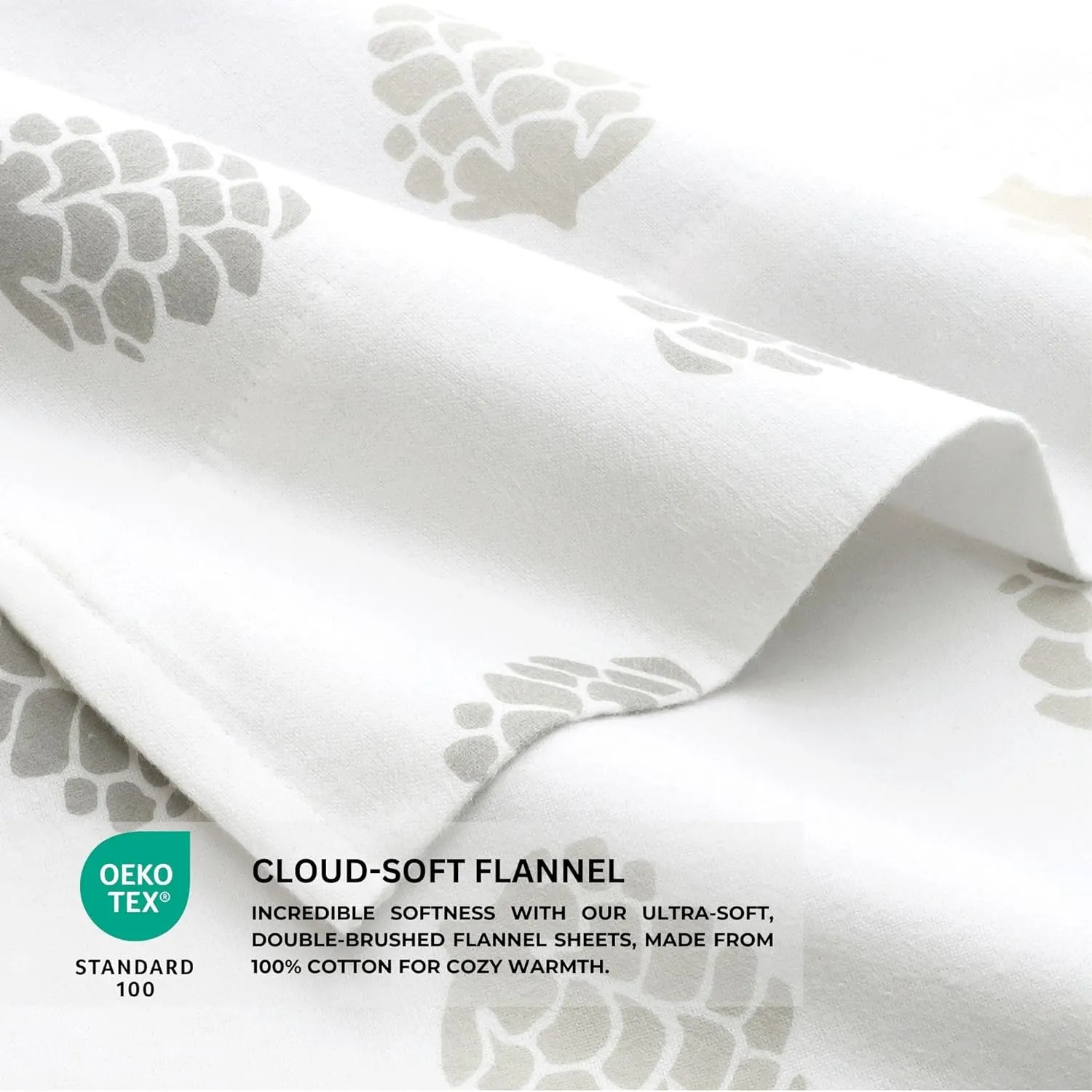Featherhead™ 100% Cotton 4PCs Flannel Sheet Set, Queen Size, Pinecones | Double-Brushed for Extra Softness, Warm & Breathable, Extra Deep Pockets fits Up to 17” – 1 Flat, 1 Fitted, 2 Pillowcase