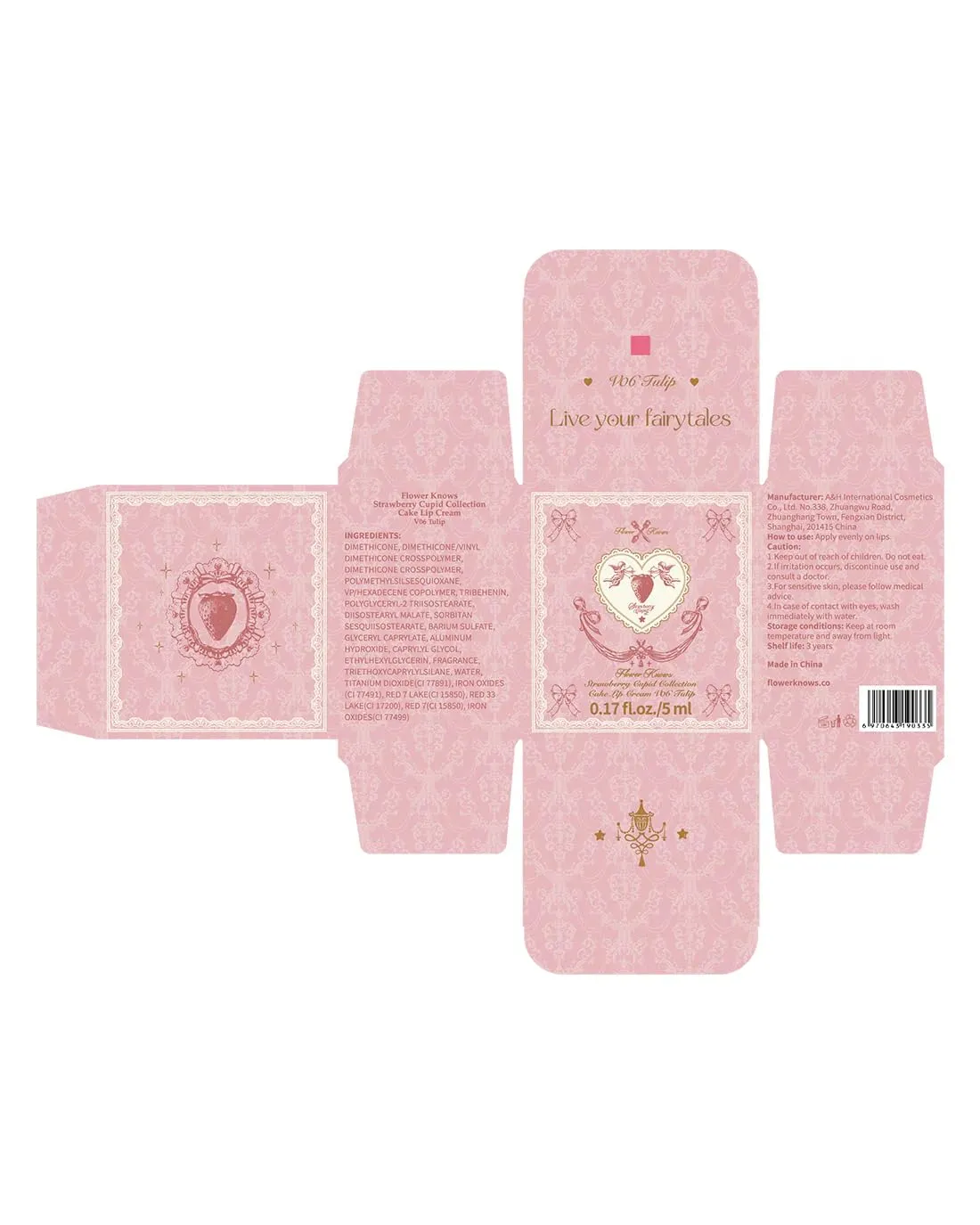 Flower Knows Strawberry Cupid Cake Lip Cream,Velvety-Smooth Matte Liquid Lipstick,Hydrating,Smudge-proof & Stain-Free Lip Stain(V06 Tulip,0.17 Fl Oz)