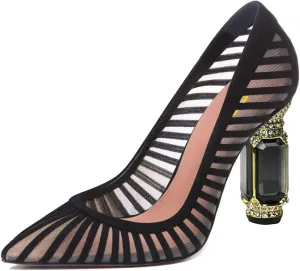 FSJ Women Closed Pointed Toe Crystal Heel Pumps Mesh Slip On Block High Heel Striped Party Homecoming Wedding Dress Shoes Size 4-16 US