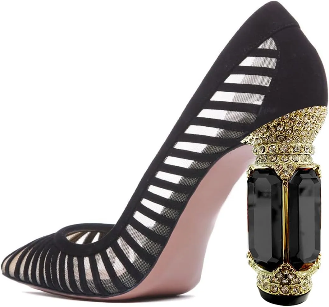 FSJ Women Closed Pointed Toe Crystal Heel Pumps Mesh Slip On Block High Heel Striped Party Homecoming Wedding Dress Shoes Size 4-16 US