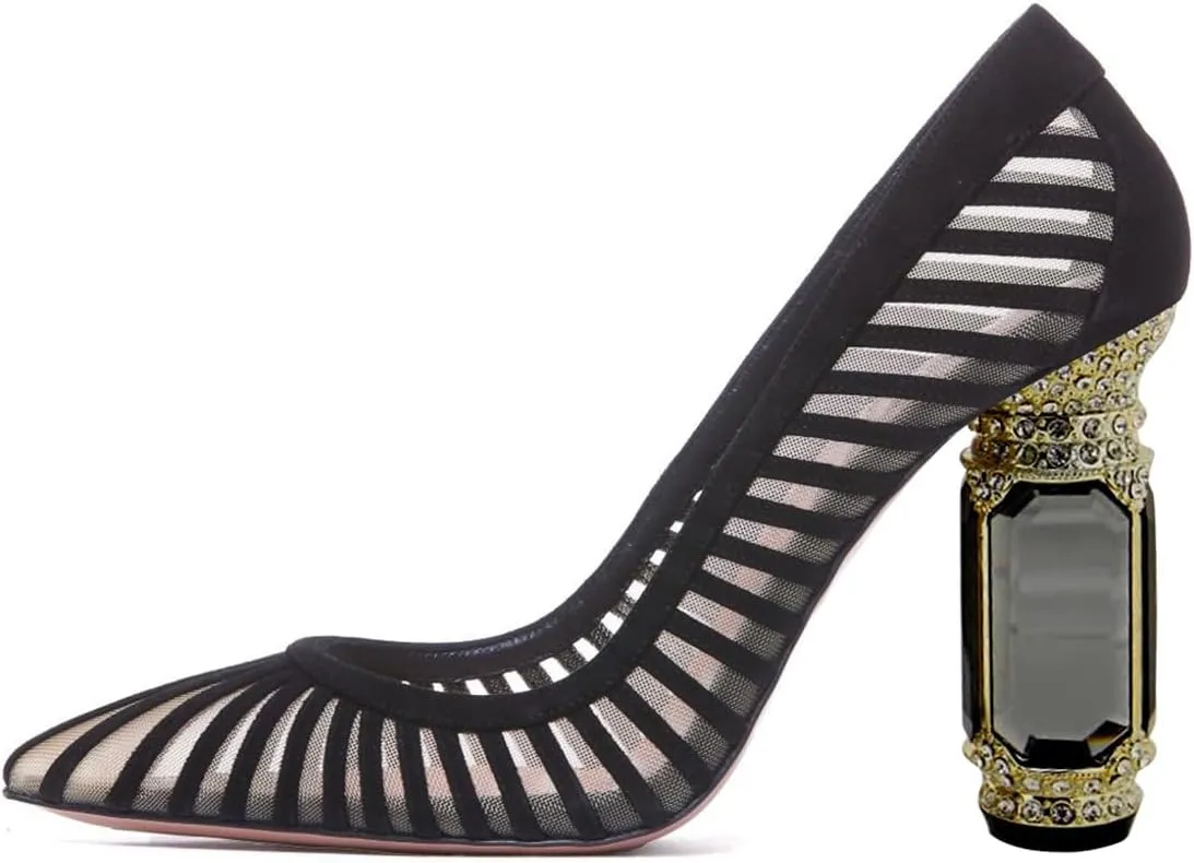 FSJ Women Closed Pointed Toe Crystal Heel Pumps Mesh Slip On Block High Heel Striped Party Homecoming Wedding Dress Shoes Size 4-16 US