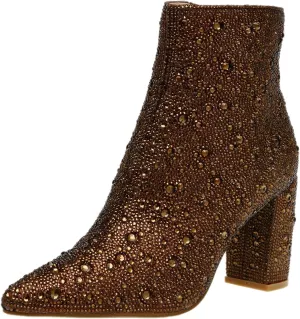 FSJ Women Crystal Ankle Boots Pointed Toe Low Chunky Block Heels Short Booties Side Zipper Comfy Sparkly Formal Dressy Shoes Size 4-15 US