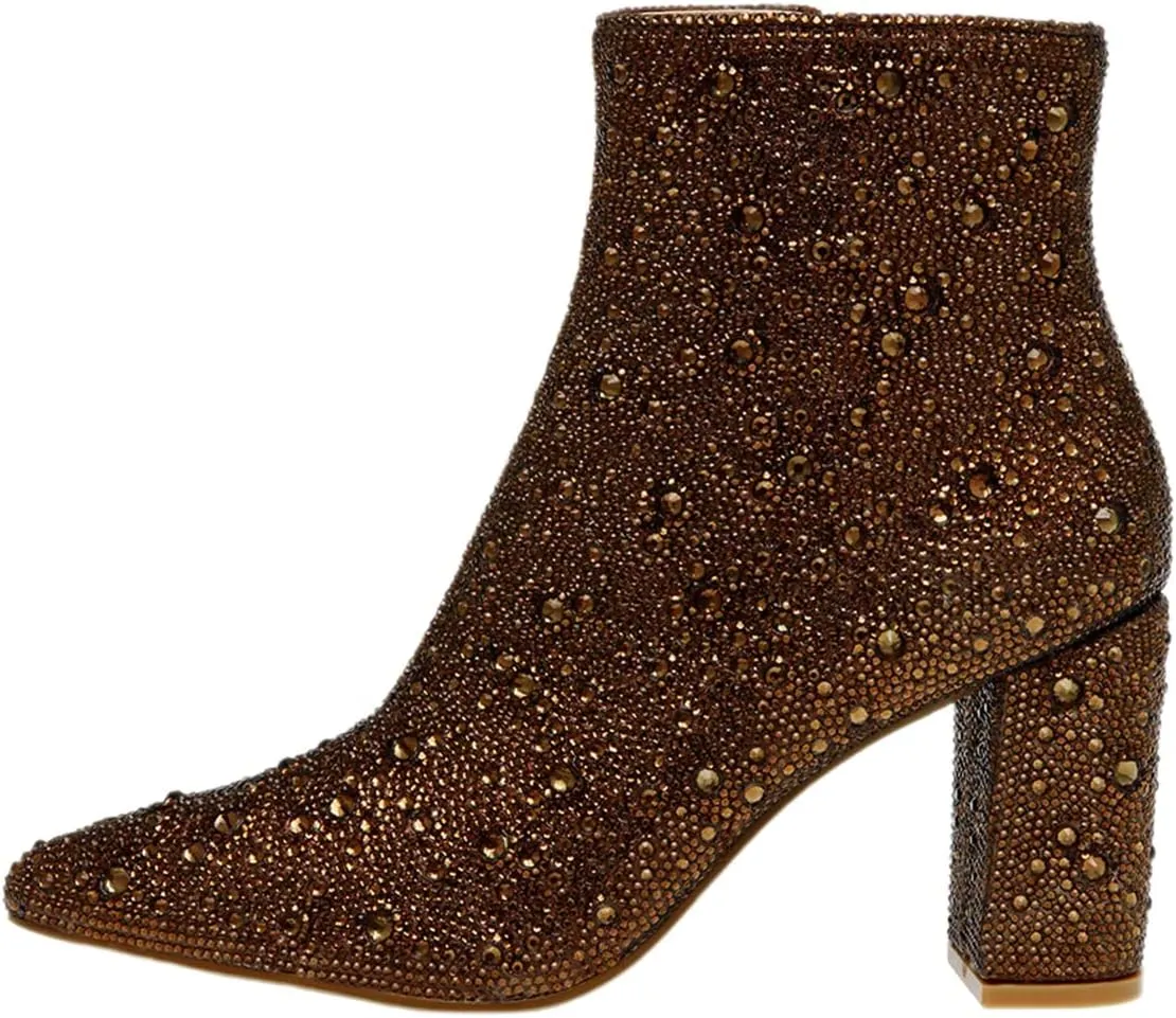 FSJ Women Crystal Ankle Boots Pointed Toe Low Chunky Block Heels Short Booties Side Zipper Comfy Sparkly Formal Dressy Shoes Size 4-15 US