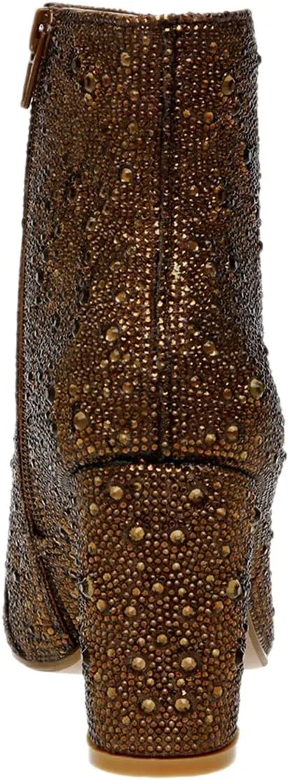 FSJ Women Crystal Ankle Boots Pointed Toe Low Chunky Block Heels Short Booties Side Zipper Comfy Sparkly Formal Dressy Shoes Size 4-15 US