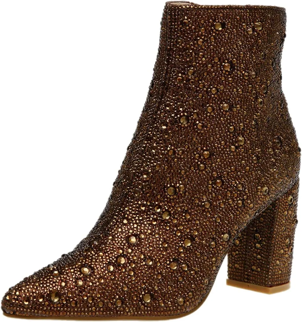FSJ Women Crystal Ankle Boots Pointed Toe Low Chunky Block Heels Short Booties Side Zipper Comfy Sparkly Formal Dressy Shoes Size 4-15 US