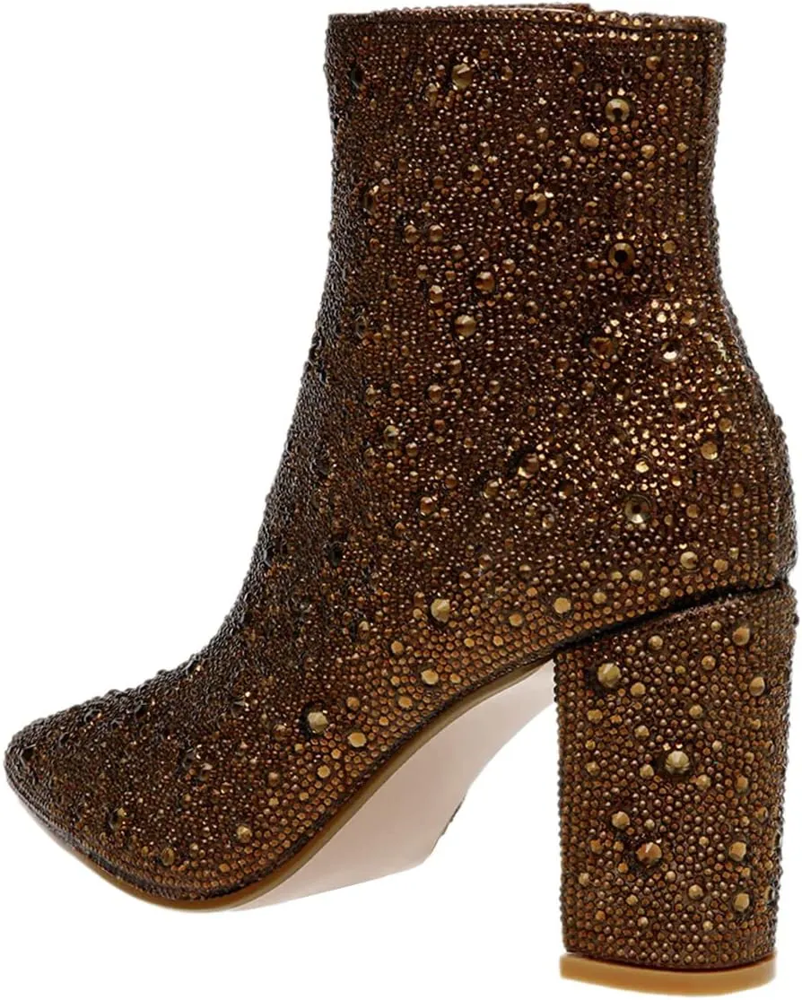 FSJ Women Crystal Ankle Boots Pointed Toe Low Chunky Block Heels Short Booties Side Zipper Comfy Sparkly Formal Dressy Shoes Size 4-15 US