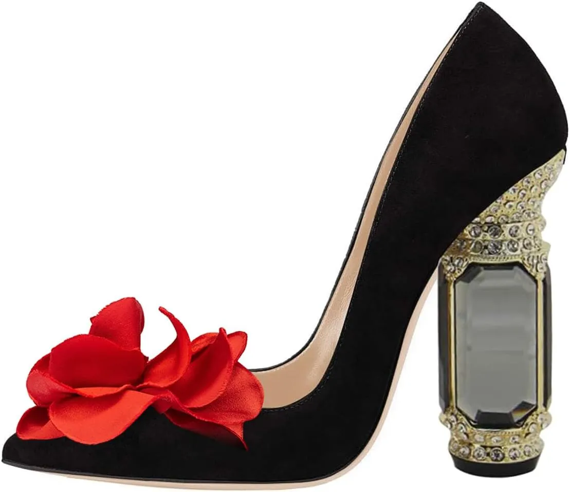 FSJ Women Flower Pumps Pointed Toe Slip On Crystal High Heels Bride Chunky Block Rhinestone Evening Dress Wedding Shoes Size 4-16 US