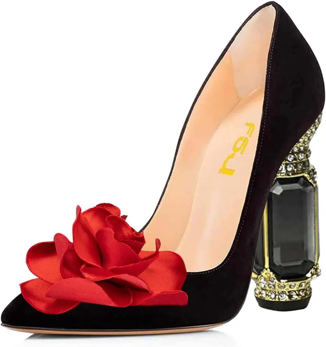 FSJ Women Flower Pumps Pointed Toe Slip On Crystal High Heels Bride Chunky Block Rhinestone Evening Dress Wedding Shoes Size 4-16 US