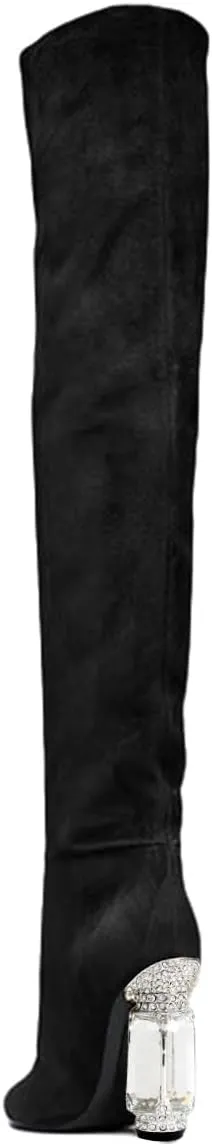 FSJ Women Over The Knee Boots Thigh High Crystal Chunky Heel Sparkly Rhinestone Closed Toe Stretch Long Boots Size 4-15 US