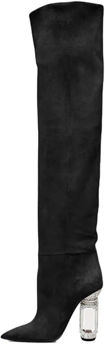 FSJ Women Over The Knee Boots Thigh High Crystal Chunky Heel Sparkly Rhinestone Closed Toe Stretch Long Boots Size 4-15 US