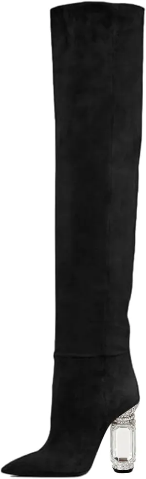 FSJ Women Over The Knee Boots Thigh High Crystal Chunky Heel Sparkly Rhinestone Closed Toe Stretch Long Boots Size 4-15 US
