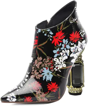 FSJ Women Trendy Ankle Boots Pointed Toe Comfy Chunky High Heel Sparkly Crystal Side Zipper Booties Wedding Party Shoes Size 4-16 US