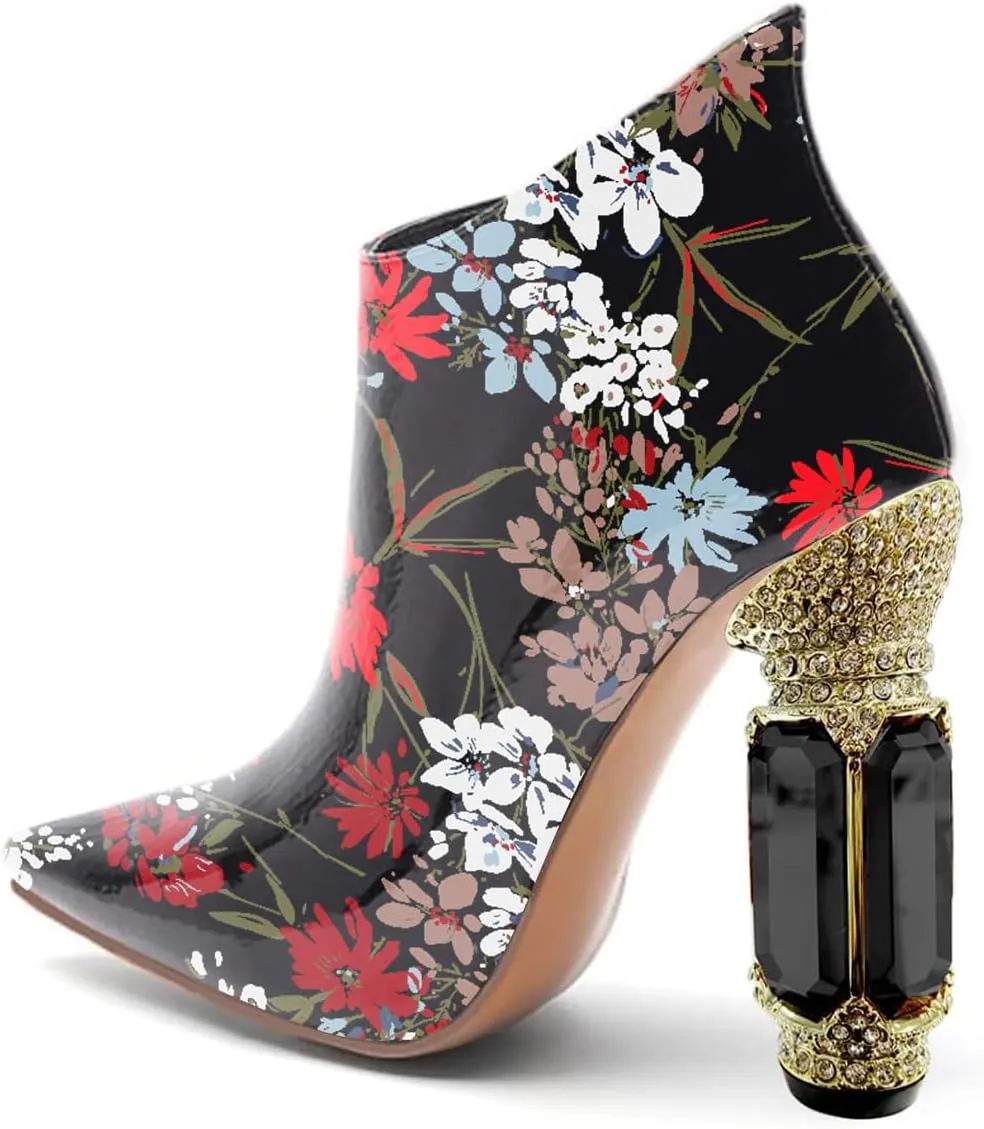 FSJ Women Trendy Ankle Boots Pointed Toe Comfy Chunky High Heel Sparkly Crystal Side Zipper Booties Wedding Party Shoes Size 4-16 US