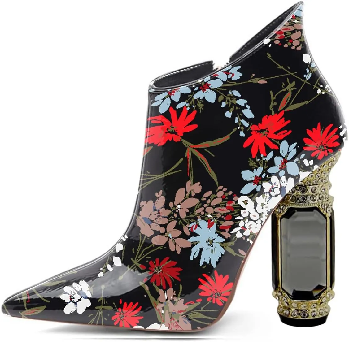 FSJ Women Trendy Ankle Boots Pointed Toe Comfy Chunky High Heel Sparkly Crystal Side Zipper Booties Wedding Party Shoes Size 4-16 US