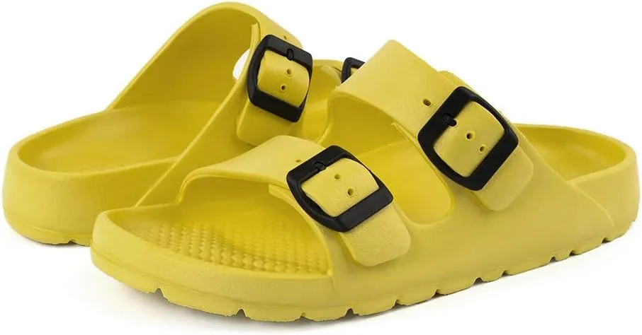 FUNKYMONKEY Women's Comfort Slides Double Buckle Adjustable Plastics Flat Sandals