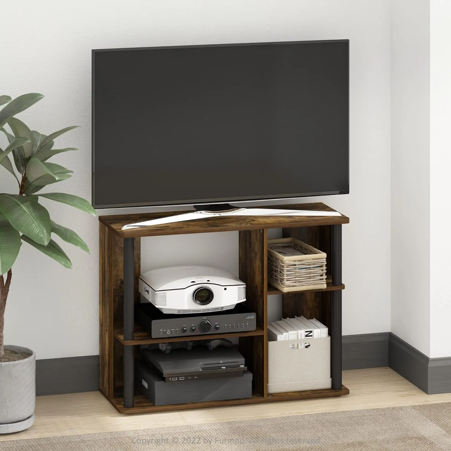 Furinno Classic Stand with Plastic Poles for TV up to 40-Inch, Amber Pine/Black