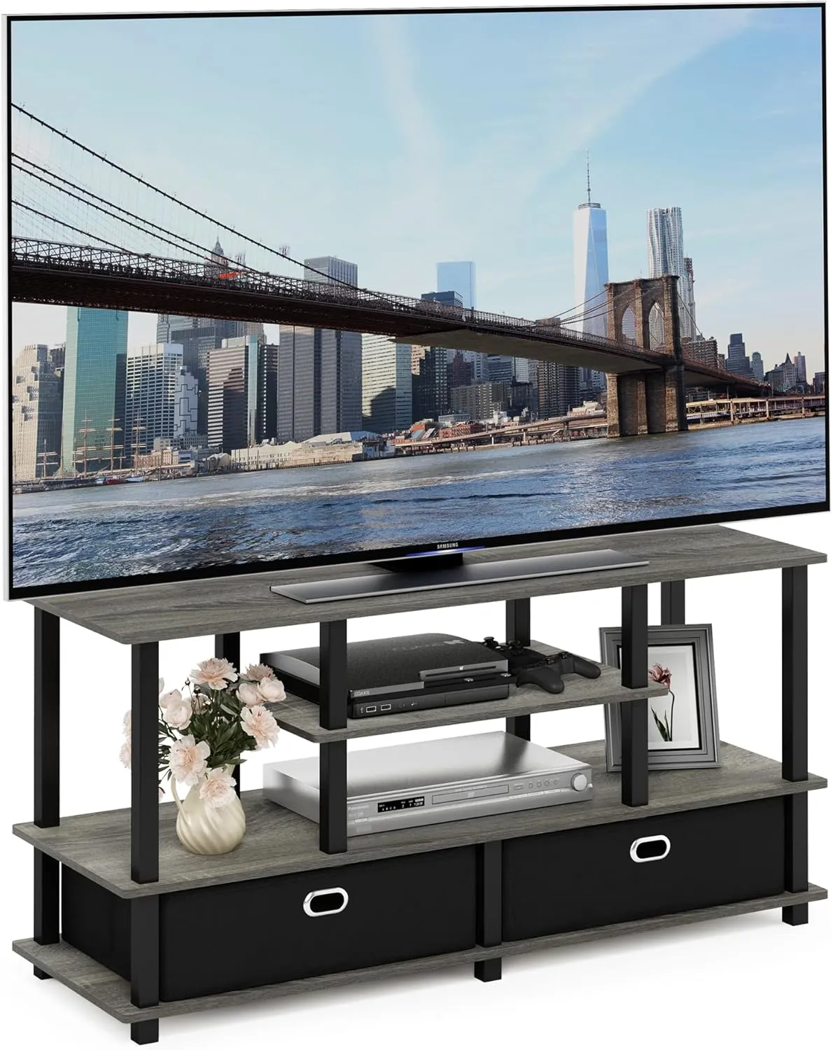 Furinno JAYA Large Stand for up to 55-Inch TV, French Oak, 47. 63(W) x 15. 55(H) x 22. 79(D) Inches., Grey/Black