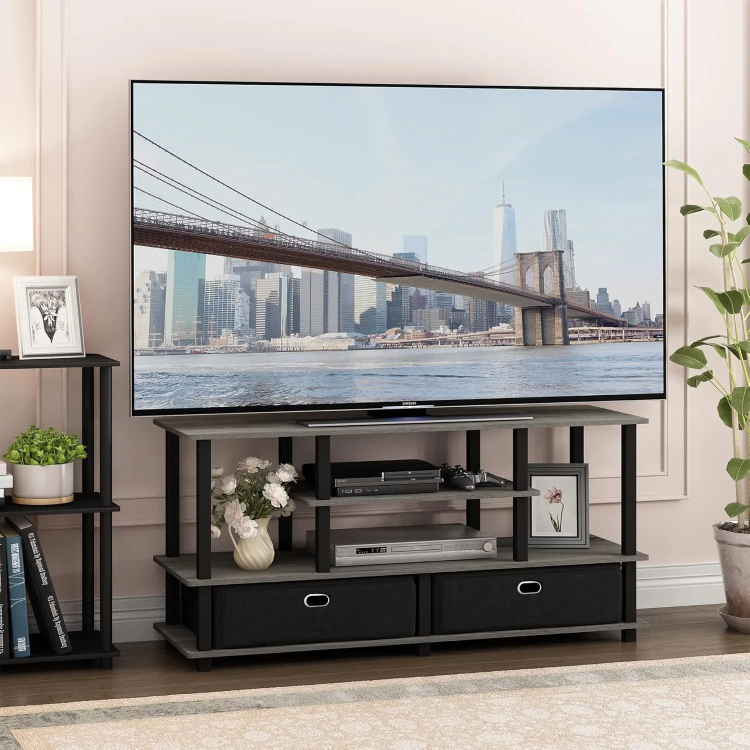 Furinno JAYA Large Stand for up to 55-Inch TV, French Oak, 47. 63(W) x 15. 55(H) x 22. 79(D) Inches., Grey/Black