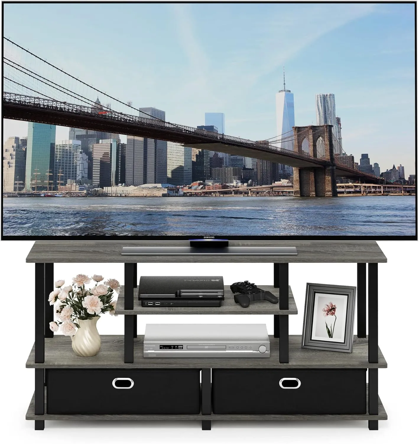 Furinno JAYA Large Stand for up to 55-Inch TV, French Oak, 47. 63(W) x 15. 55(H) x 22. 79(D) Inches., Grey/Black