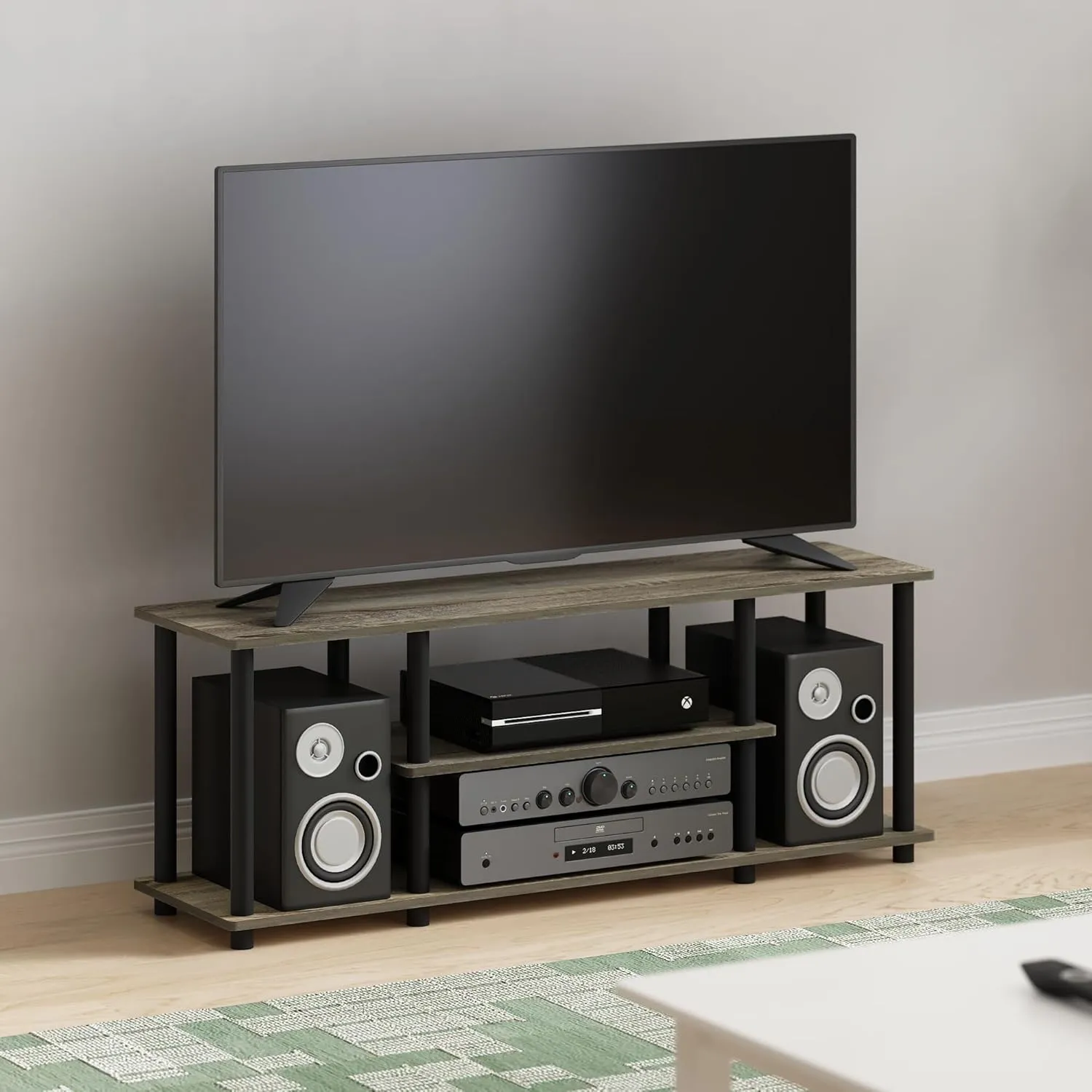 Furinno Turn-N-Tube No Tools 3D 3-Tier Entertainment TV Stand up to 50 inch TV, Round Tubes, French Oak Grey/Black