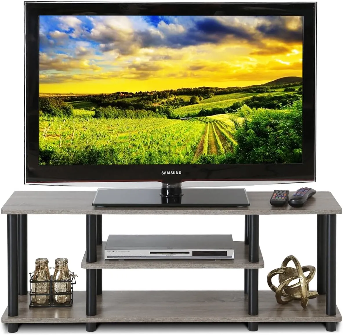 Furinno Turn-N-Tube No Tools 3D 3-Tier Entertainment TV Stand up to 50 inch TV, Round Tubes, French Oak Grey/Black