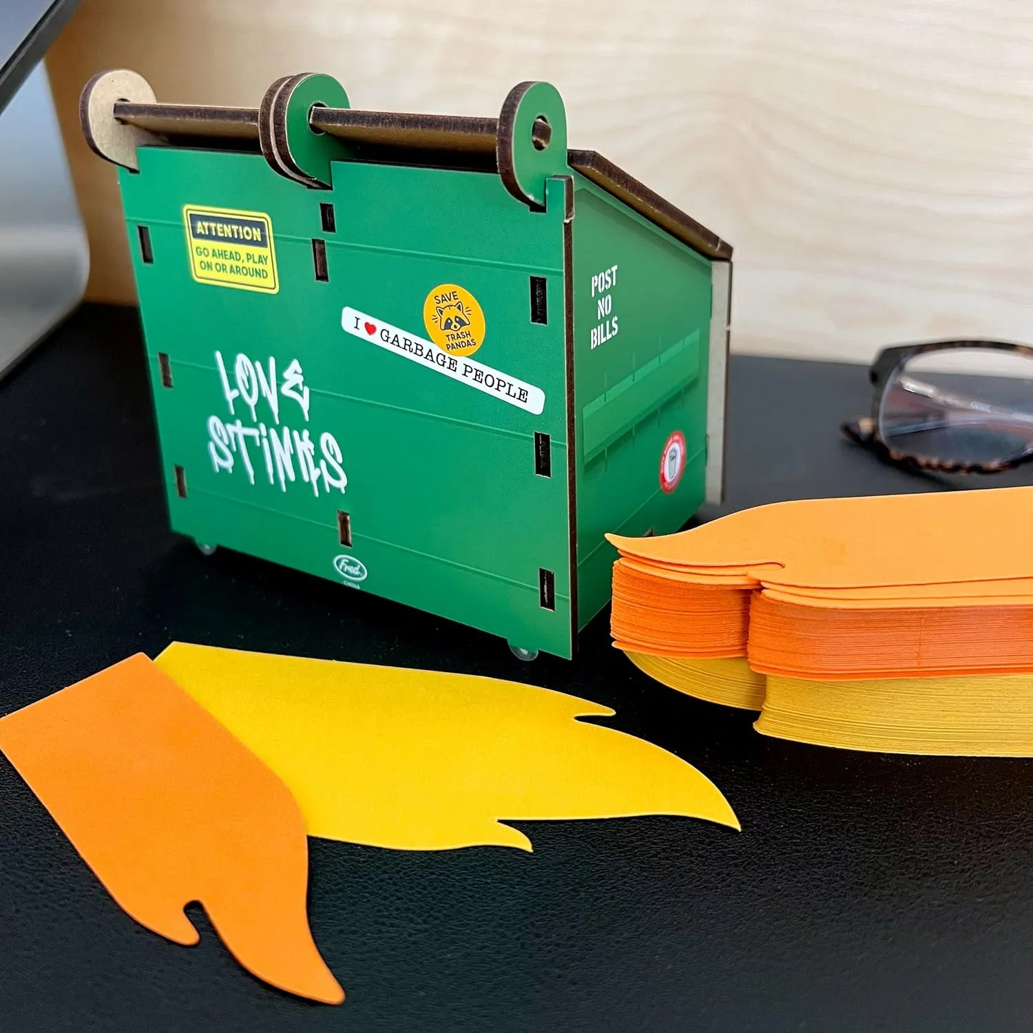 Genuine Fred DESK DUMPSTER Pencil Holder with Flame Note Cards, 3 compartments for Desk and Office Supplies
