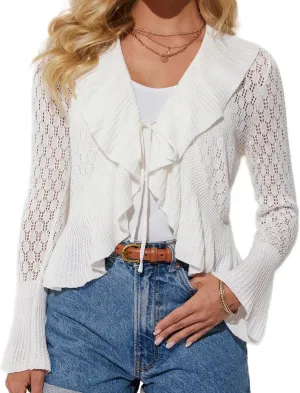 GRACE KARIN Women Hollow Out Cardigan Sweater Lapel Tie Front Crochet Knit Shrugs Long Bell Sleeves with Ruffled Hem