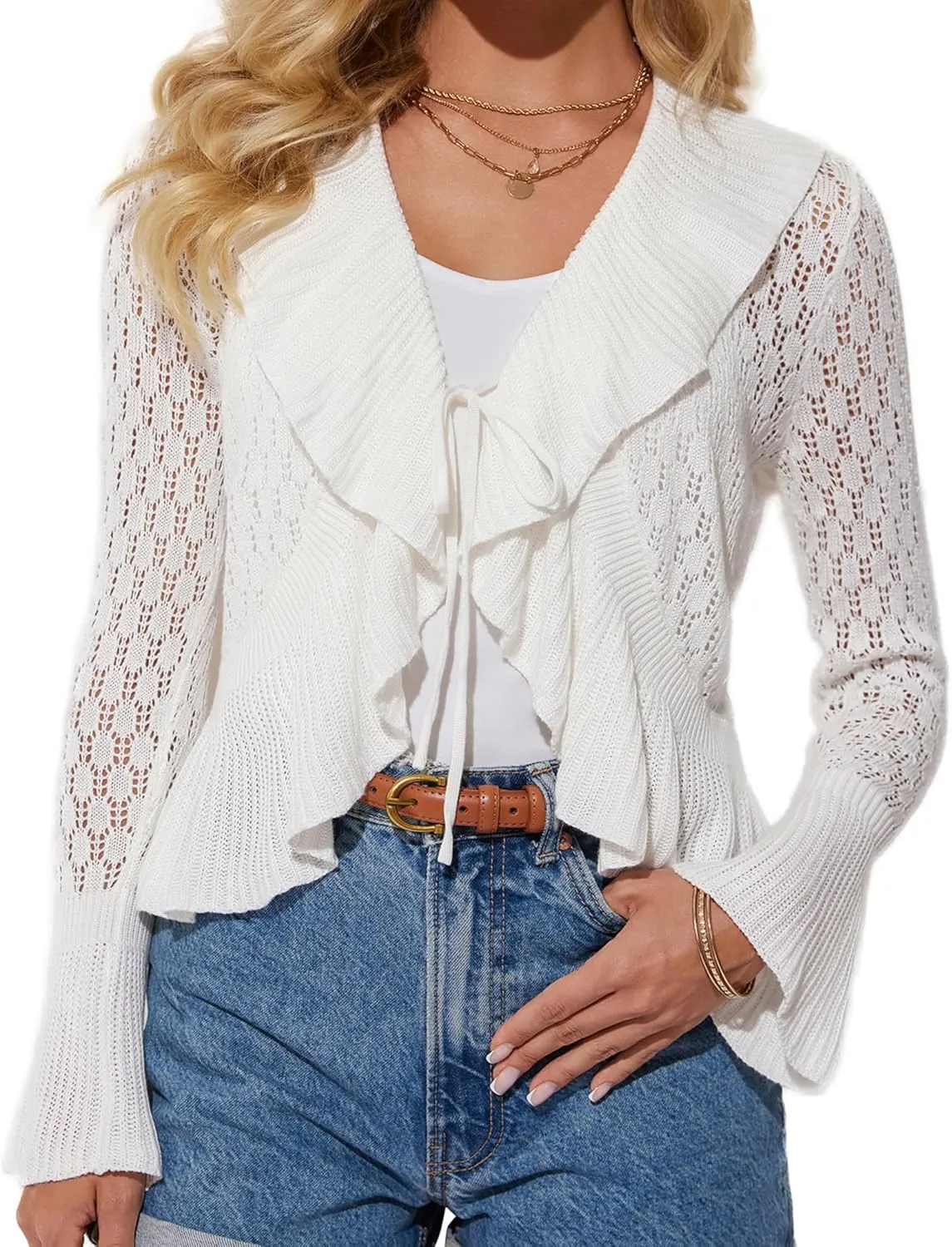 GRACE KARIN Women Hollow Out Cardigan Sweater Lapel Tie Front Crochet Knit Shrugs Long Bell Sleeves with Ruffled Hem