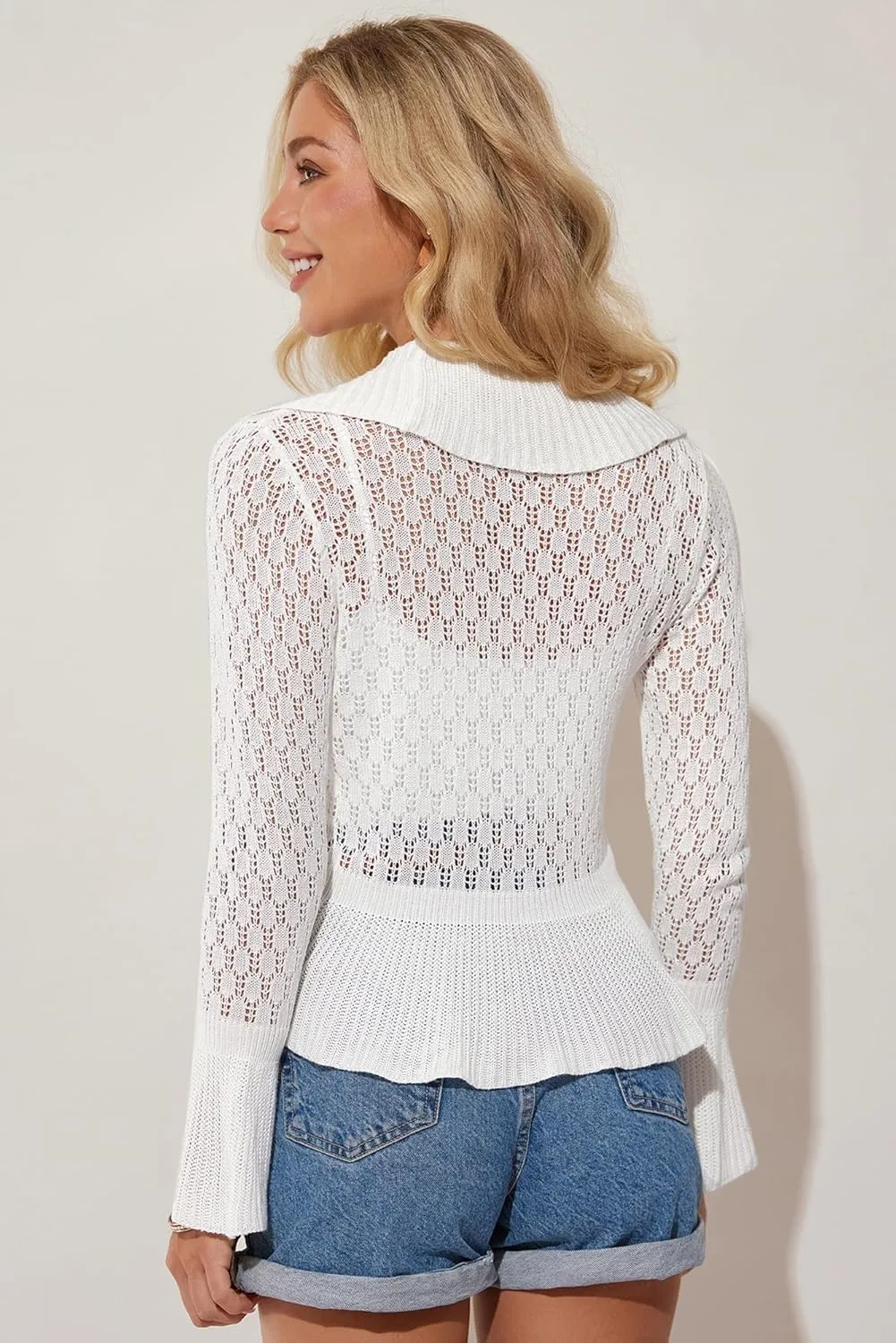 GRACE KARIN Women Hollow Out Cardigan Sweater Lapel Tie Front Crochet Knit Shrugs Long Bell Sleeves with Ruffled Hem