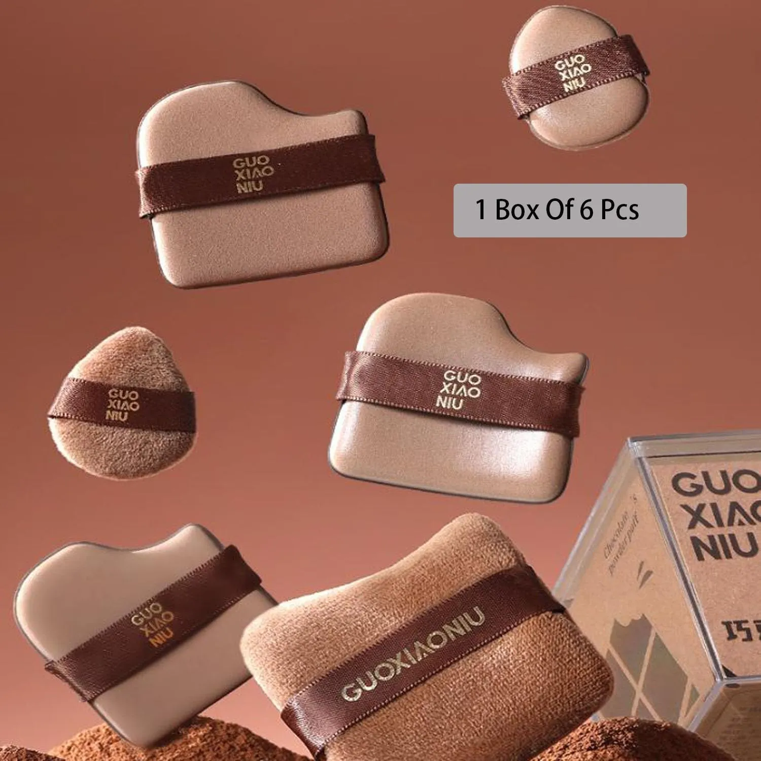 Guo Xiao Niu Makeup Puff, 1 Box Of 6 Pcs Guoxiaoniu Chocolate Color Quick Makeup Foundation Puff Set, Chocolate Powder Puff, Guoxiaoniu Makeup Puff (2 Boxes)