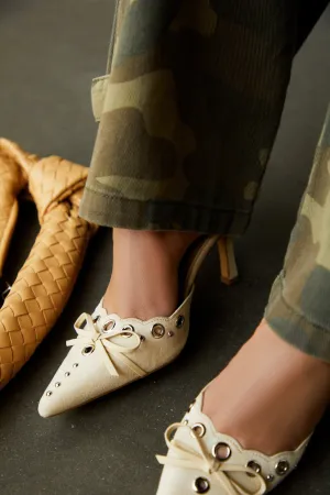 Jasmyn Mid Heel Mule Pumps - Cream