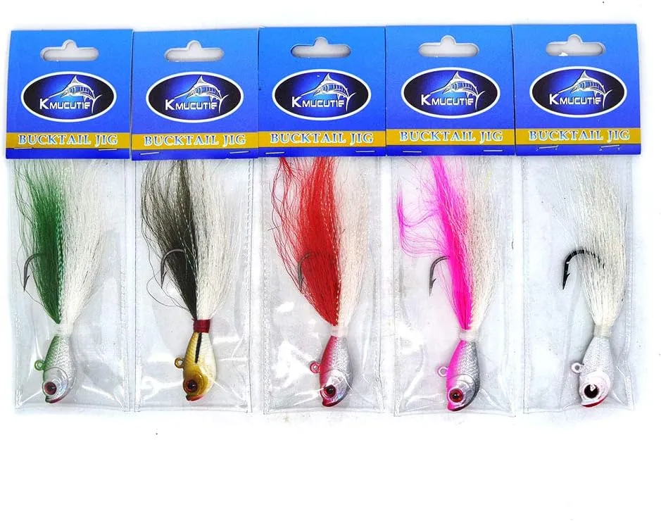 kmucutie 5 pcs deer tail hair bucktail Jigs saltwater or freshwater bait,for bass flounder fluke striper fishing lure