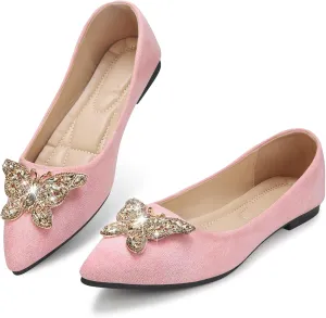 KUNWFNIX Women's Ballet Flats Crystal Wedding Ballerina Shoes Pointed Toe Pearl Diamond Low Heel Comfortable Dressy Work Business Dance Flats