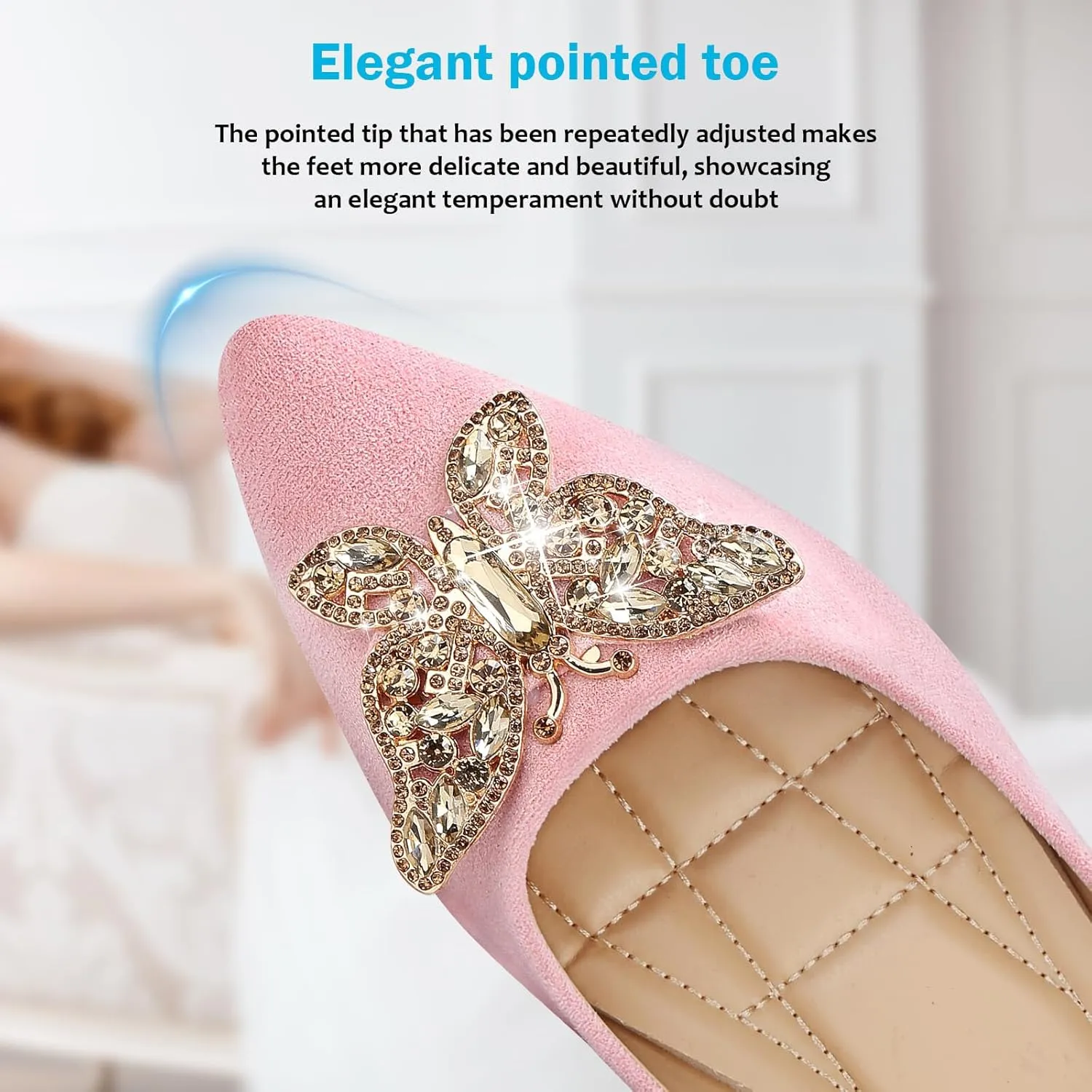 KUNWFNIX Women's Ballet Flats Crystal Wedding Ballerina Shoes Pointed Toe Pearl Diamond Low Heel Comfortable Dressy Work Business Dance Flats