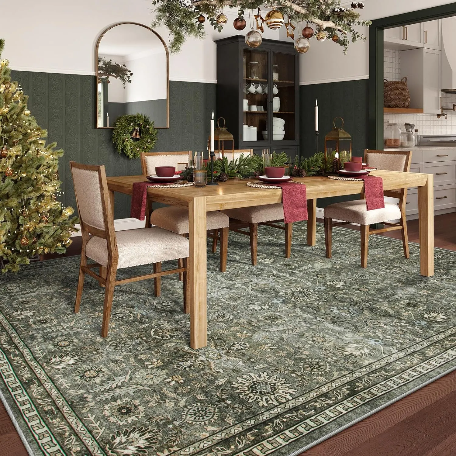 Lahome Green 8x10 Rugs for Living Room, Boho Washable Area Rugs for Bedroom, Rubber Backed Non Slip Floor Carpets for Dining Room Home Apartment, Dark Olive Green