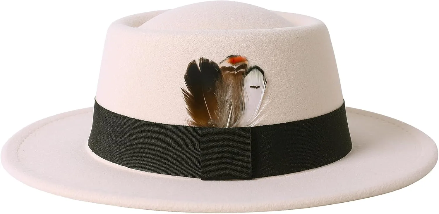 Lanzom Classic Fedora Hats for Women Flat Top Hat for Men Pork Pie Hat Wide Brim Church Boater Trilby Cap