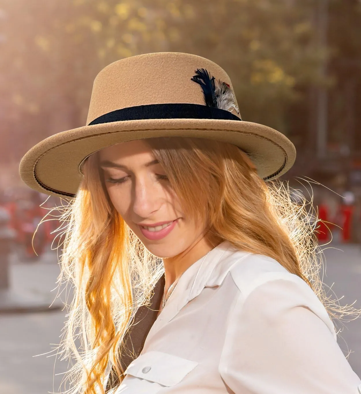 Lanzom Classic Fedora Hats for Women Flat Top Hat for Men Pork Pie Hat Wide Brim Church Boater Trilby Cap
