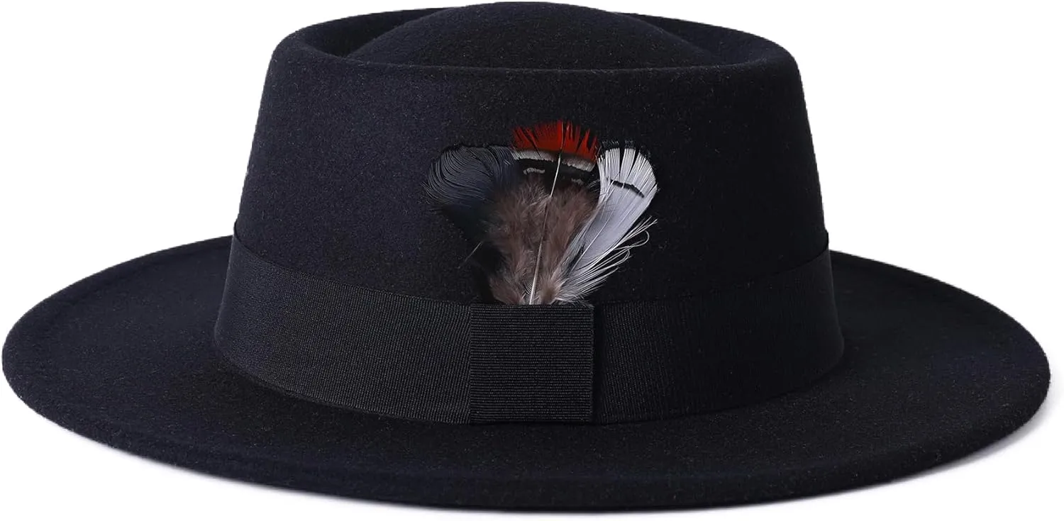 Lanzom Classic Fedora Hats for Women Flat Top Hat for Men Pork Pie Hat Wide Brim Church Boater Trilby Cap