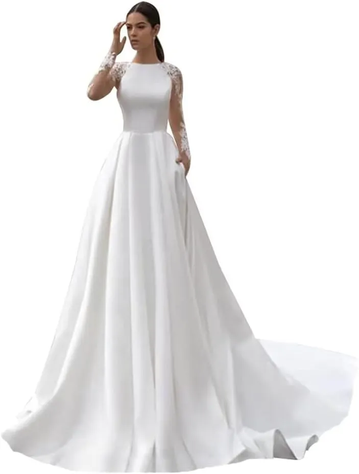 Long Sleeve Lace Wedding Dresses for Bride Satin Ball Gowns Simple V Neck Bridal Gowns for Women